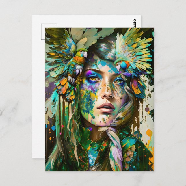 Cartão Postal Mulher com papagaio, Posto (Frente/Verso)