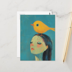 Cartão Postal Mulher com pássaro amarelo na cabeça