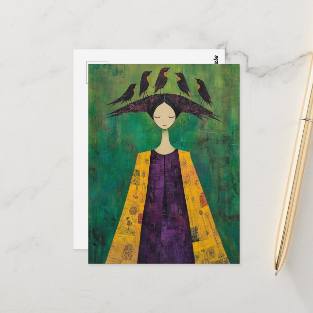 Cartão Postal Mulher Com Pássaros na Cabeça  (Frente/Verso In Situ)