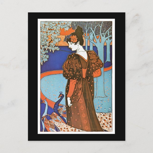 Cartão Postal Mulher com Peacocks - Louis Rhead (Frente)