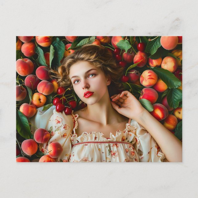 Cartão Postal Mulher com pêssegos e cerejas (Frente)