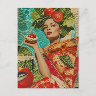 Cartão Postal Mulher com Pizza e Salada Colagem
