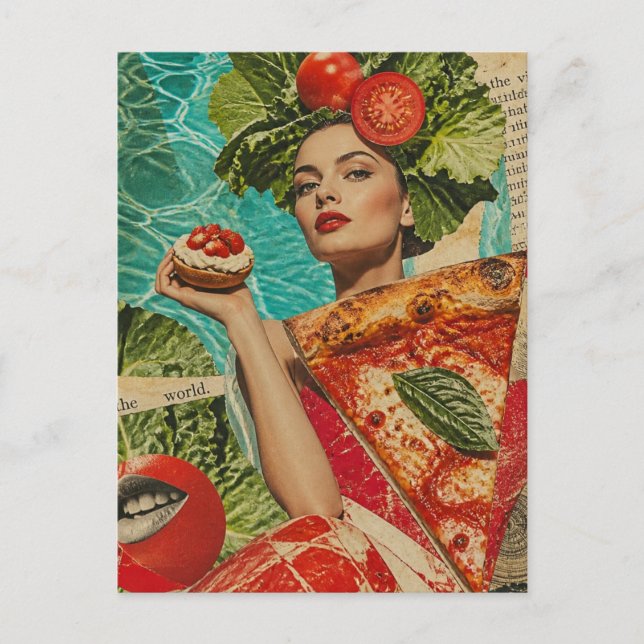 Cartão Postal Mulher com Pizza e Salada Colagem (Frente)
