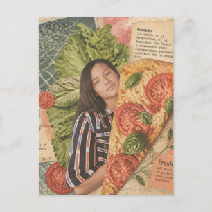 Cartão Postal Mulher com Pizza um Colagem de Comida