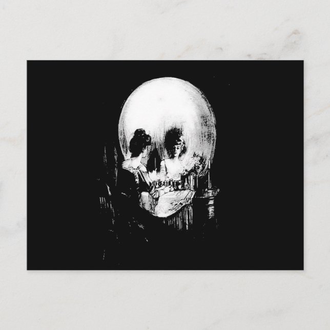 Cartão Postal Mulher com Reflexão do Crânio Halloween Espelhada (Frente)
