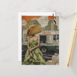 Cartão Postal Mulher Com Taco Para Cabeça e Vestido de Alface