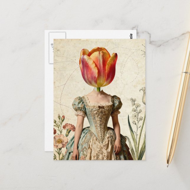 Cartão Postal Mulher Com Tulipa para uma Cabeça (Frente/Verso In Situ)