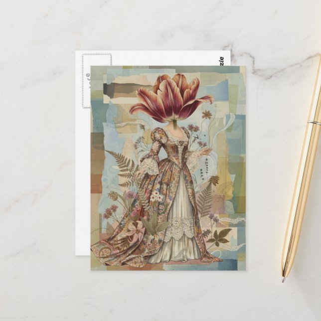 Cartão Postal Mulher Com Tulipa Para uma Colagem de Cabeça (Frente/Verso In Situ)