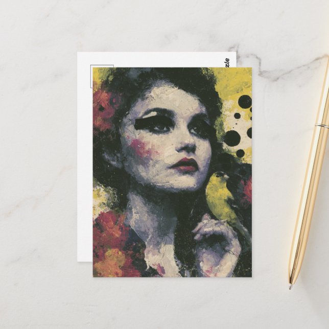 Cartão Postal Mulher Com um Pássaro Pintassilgo (Frente/Verso In Situ)