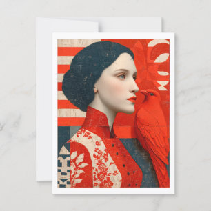 Cartão Postal Mulher com um vestido floral vermelho florado e um