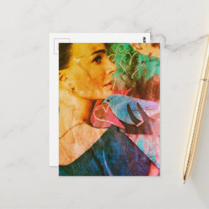 Cartão Postal Mulher com uma Colagem Surrealista de Pássaro Azul