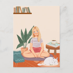 Cartão Postal Mulher com uma planta e um gato em casa acolhedora