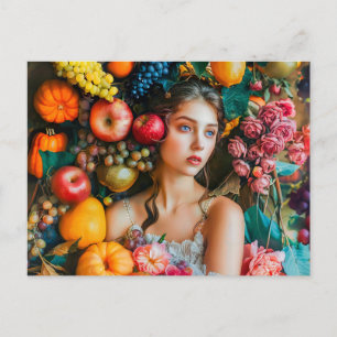 Cartão Postal Mulher com uvas e arranjo floral