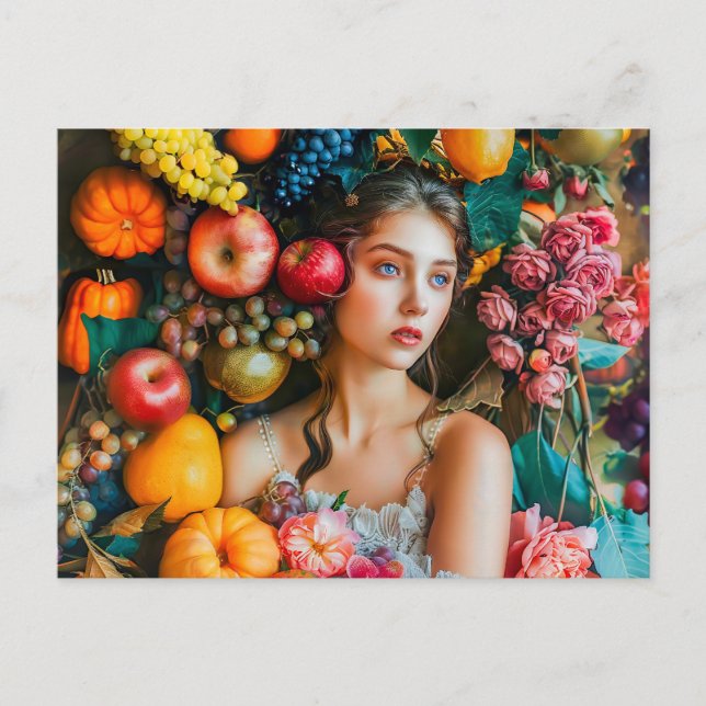 Cartão Postal Mulher com uvas e arranjo floral (Frente)