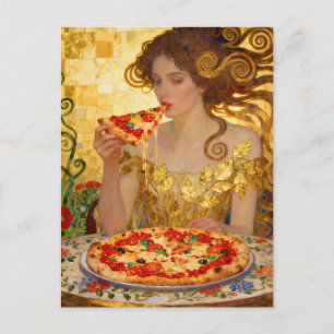 Cartão Postal Mulher Comendo Pizza Arte Faux Klimt