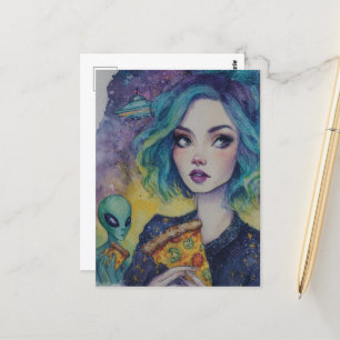 Cartão Postal Mulher Comendo Pizza Com Alienígena