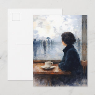 Cartão Postal Mulher Contemplativa Janela de Café Chuvoso Aquare