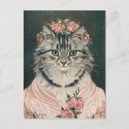 Cartão Postal Mulher coroa rosas gato