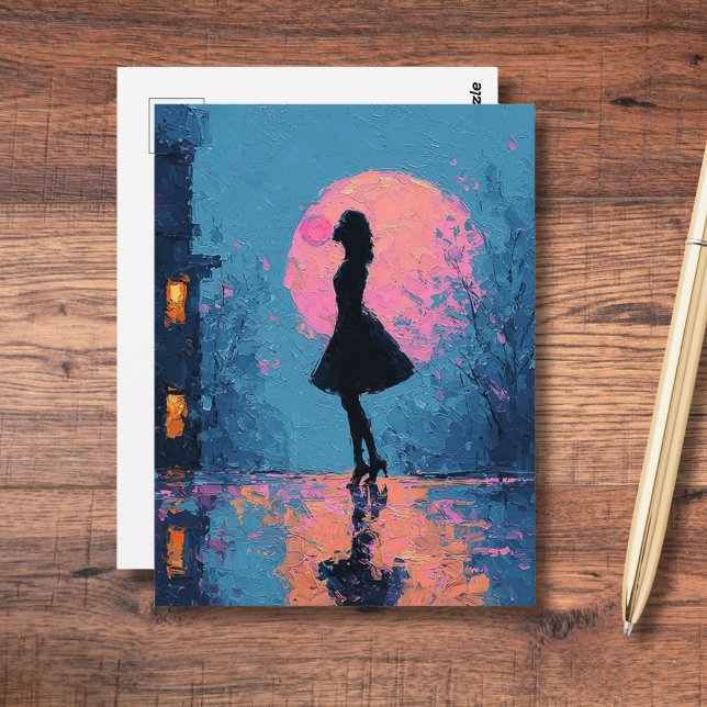 Cartão Postal Mulher da Lua Rosa Impressionista Bolha de Chiclet (Criador carregado)