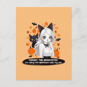 Cartão Postal Mulher de anime com gato preto.