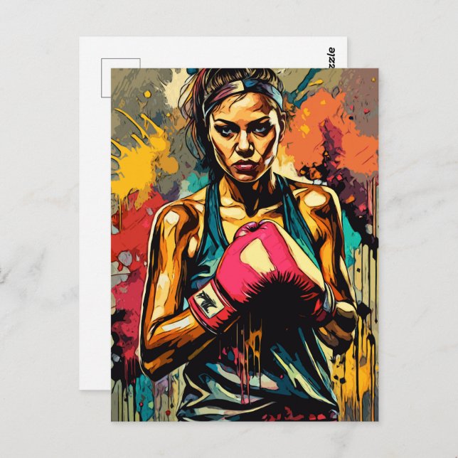 Cartão Postal Mulher de Boxe Retrato de Lutadora de Artes Marcia (Frente/Verso)
