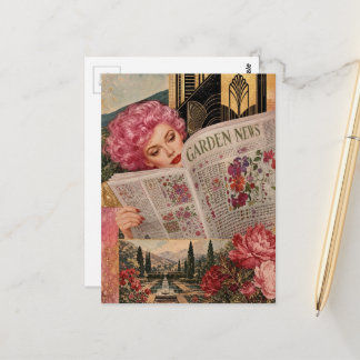 Cartão Postal Mulher de Cabelo Rosa Lê Jornal de Jardim Mixed Me