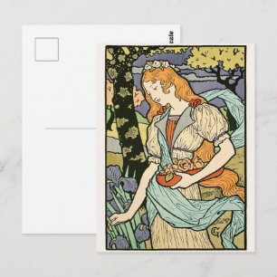 Cartão Postal Mulher de Cabelo Vermelho Colhendo Flores Art Nouv