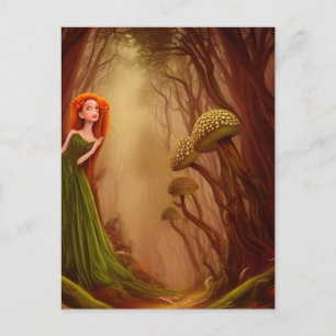 Cartão Postal Mulher de Cabelo Vermelho em Floresta Mushroom Fan