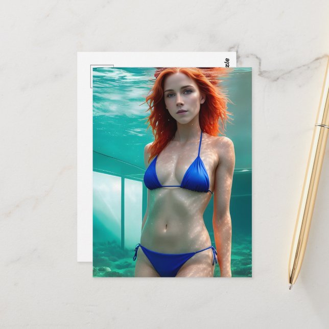 Cartão Postal Mulher de Cabelo Vermelho em um Bikini Azul (Frente/Verso In Situ)
