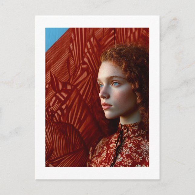 Cartão Postal Mulher de cabelo vermelho por pintura de cavalos v (Frente)