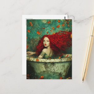 Cartão Postal Mulher de Cabelo Vermelho Sereia numa Banheira