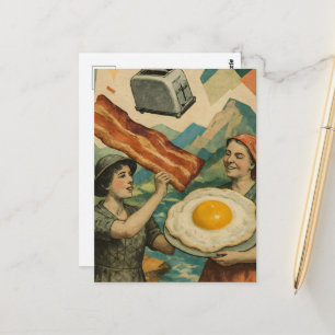 Cartão Postal Mulher de Café da Manhã Surrealista Bacon e Ovos T