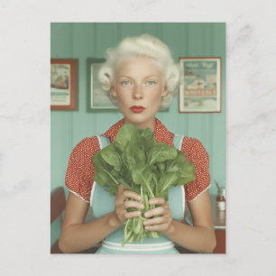 Cartão Postal Mulher de Estilo Vintage Segurando Verduras Fresca