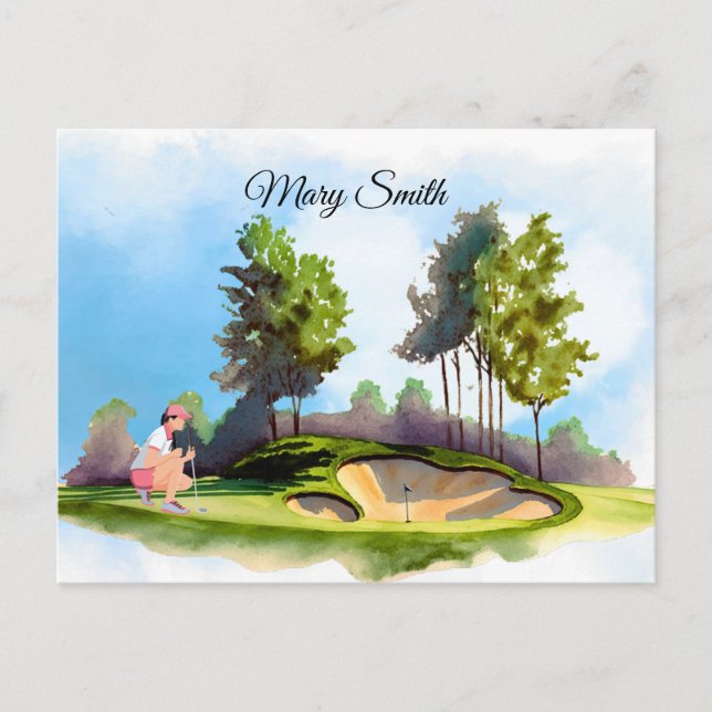 Cartão Postal Mulher de golfe está jogando golfe (Frente)