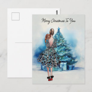 Cartão Postal Mulher de Natal e árvore de Natal azul