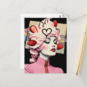 Cartão Postal Mulher de Sobremesa de Morango Colagem