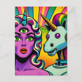 Cartão Postal Mulher de Terceiro Olho e Unicórnio Robô