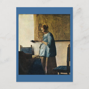 Cartão Postal Mulher de Vermeer a azul lendo uma letra ca.1665