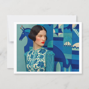 Cartão Postal Mulher de vestido azul floral, pintura de cavalo a