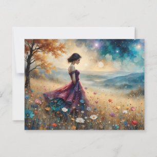 Cartão Postal Mulher de vestido colorido na colina das flores