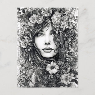 Cartão Postal Mulher Desenhadora Negra e Branca com Flores