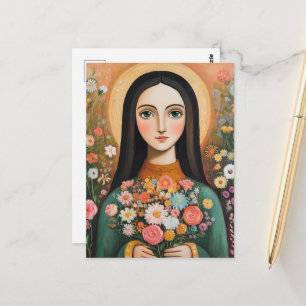 Cartão Postal Mulher Deslumbrante Com Flores