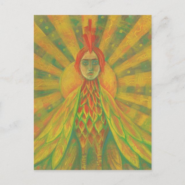 Cartão Postal Mulher Deus Pássaro Sol Fênix Fantasia Surrealismo (Frente)