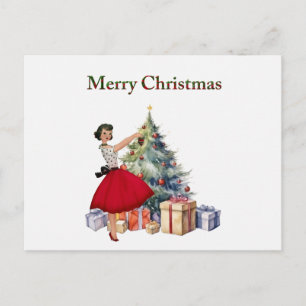 Cartão Postal Mulher do Natal de 1950 com árvore de Natal
