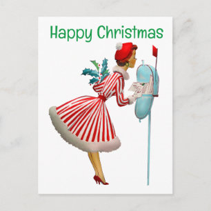 Cartão Postal Mulher do Natal vintage de 1950 com presentes