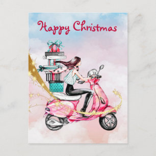 Cartão Postal Mulher do Natal vintage em uma scooter rosa