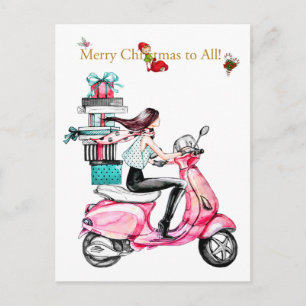 Cartão Postal Mulher do Natal vintage em uma scooter rosa