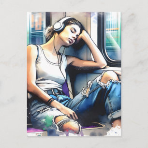 Cartão Postal Mulher dormindo no metrô ouvindo música