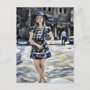 Cartão Postal mulher dos anos 70 vestindo chapéu de sol vestido 