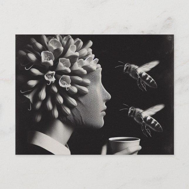 Cartão Postal Mulher e Abelhas Surreal Cheia-Flor (Frente)